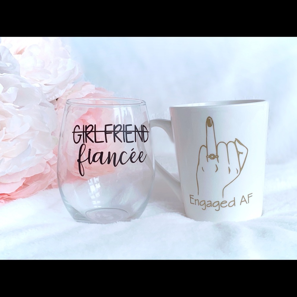 Fiancée wine glass & Engaged AF mug set